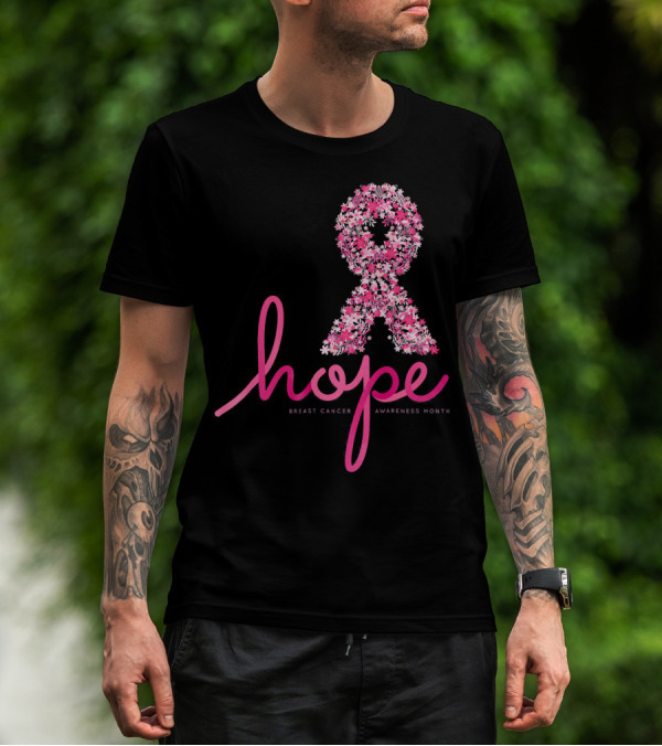 Hope Breast Cancer Awareness Month Pink Ribbon Floral T-Shirt