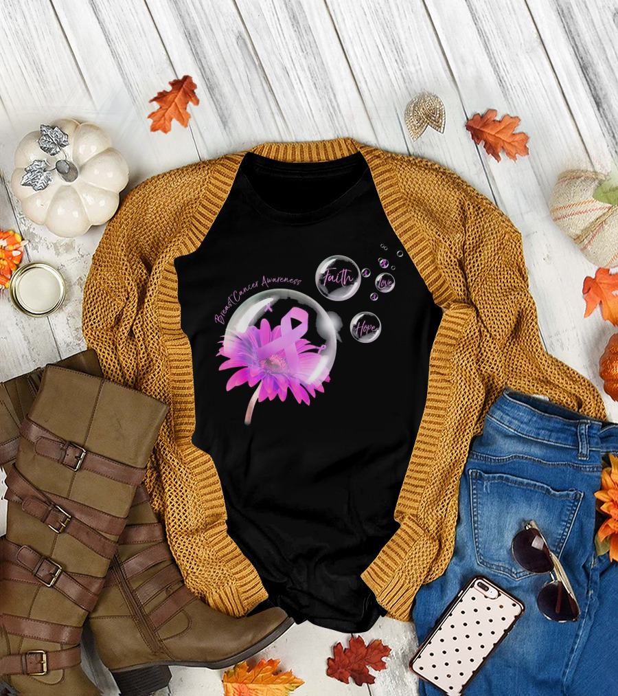 Breast Cancer Awareness Faith Hope Love Flower T-Shirt