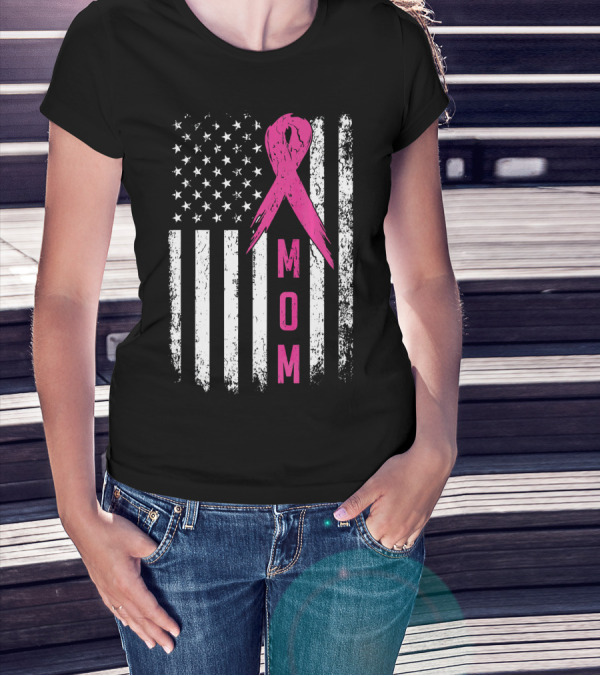 Mom Pink Ribbon American Flag Breast Cancer Awareness T-Shirt