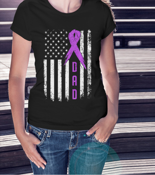 Dad American Flag Pancreatic Cancer Awareness Purple T-Shirt