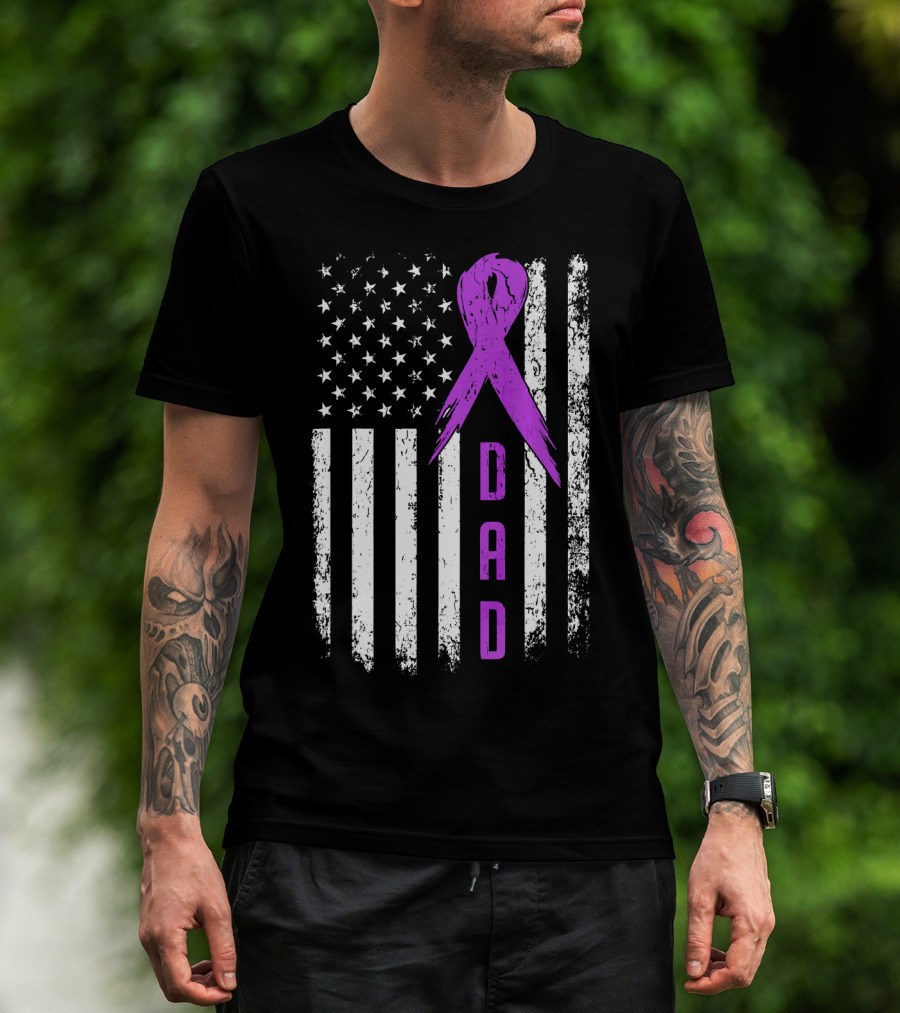 Dad American Flag Pancreatic Cancer Awareness Purple T-Shirt