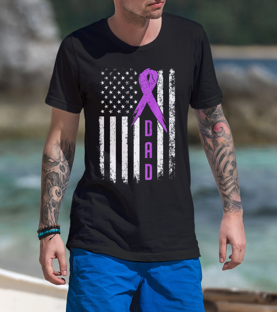 Dad American Flag Pancreatic Cancer Awareness Purple T-Shirt