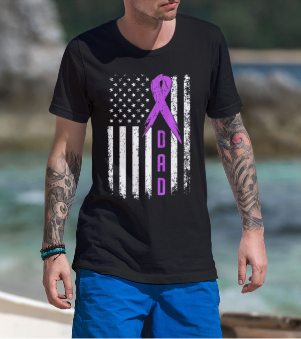 Dad American Flag Pancreatic Cancer Awareness Purple T-Shirt