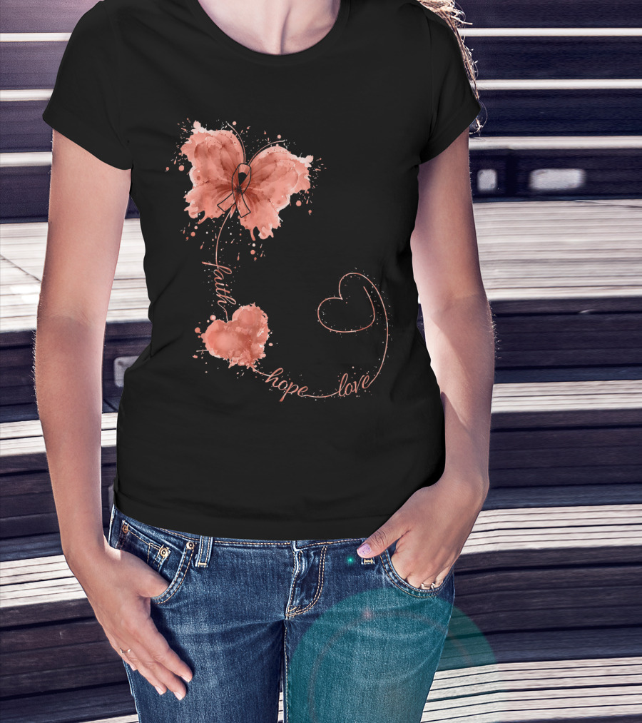 Faith Hope Love Butterfly Ribbon Uterine Cancer Awareness T-Shirt