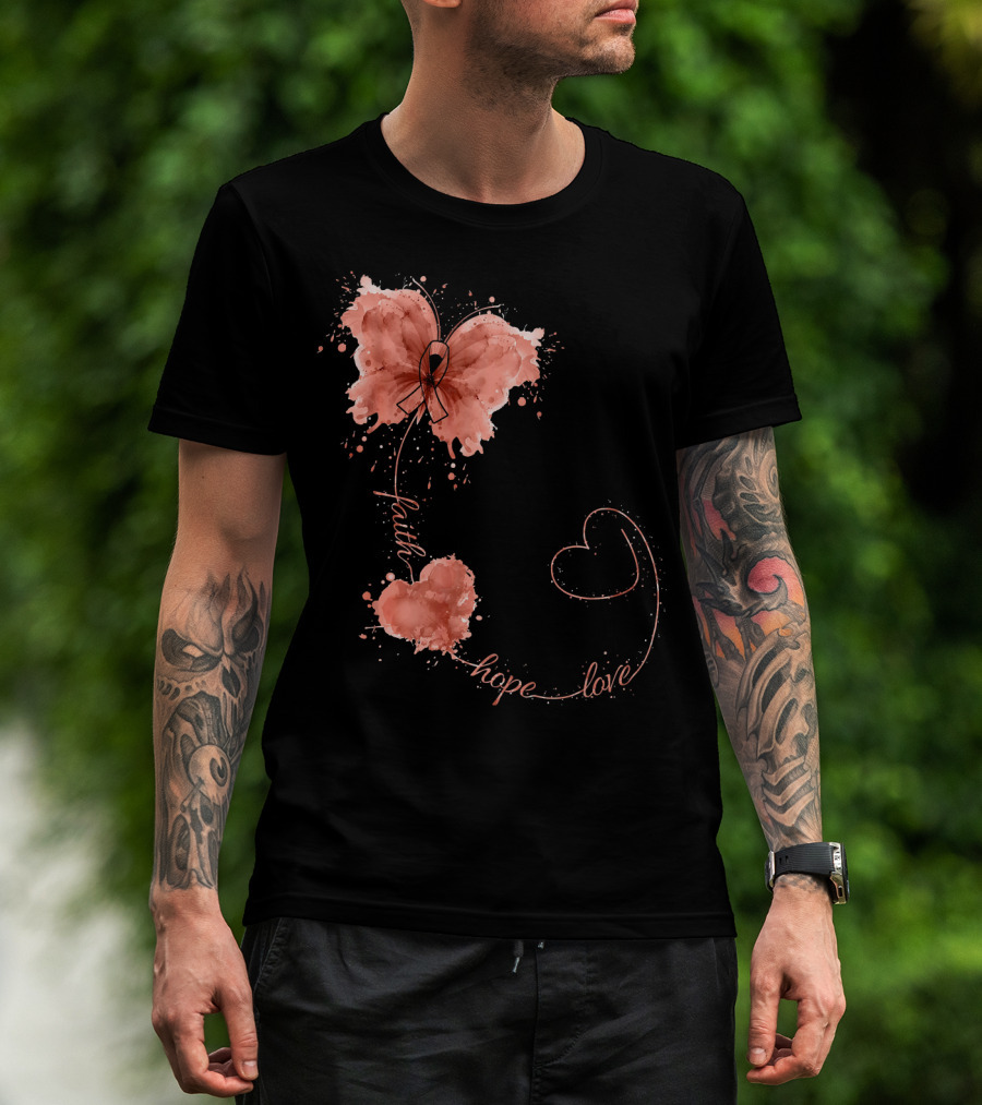 Faith Hope Love Butterfly Ribbon Uterine Cancer Awareness T-Shirt