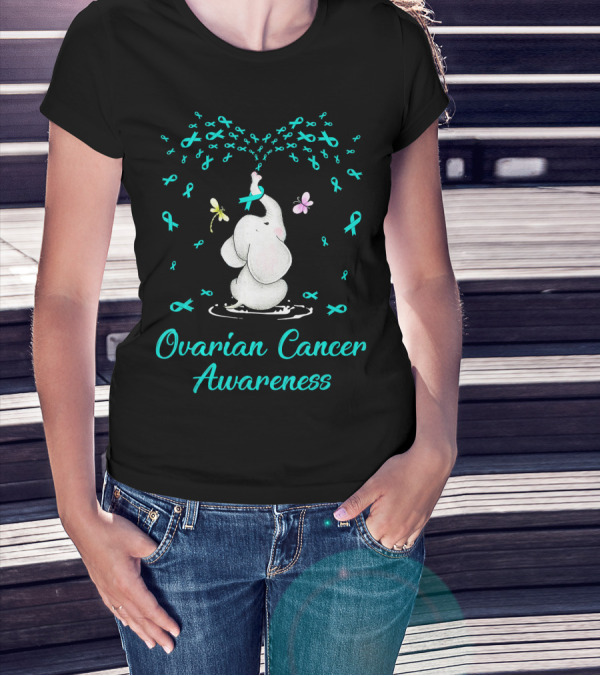 Ovarian Cancer Awareness Elephant With Ribbon And Butterflies T-Shirt
