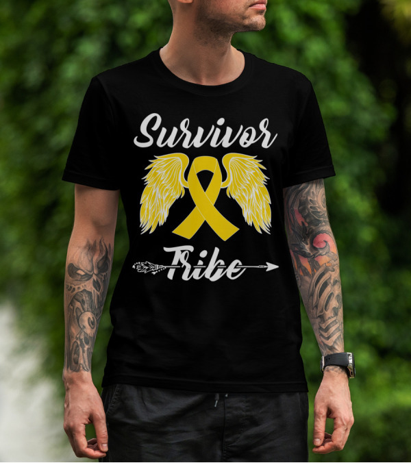 Survivor Tribe Childhood Cancer Awareness Yellow Ribbon Wings T-Shirt