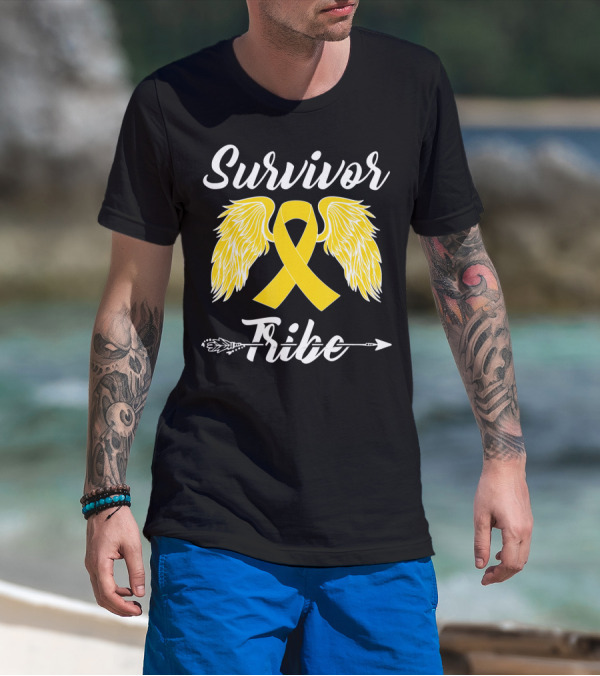 Survivor Tribe Childhood Cancer Awareness Yellow Ribbon Wings T-Shirt