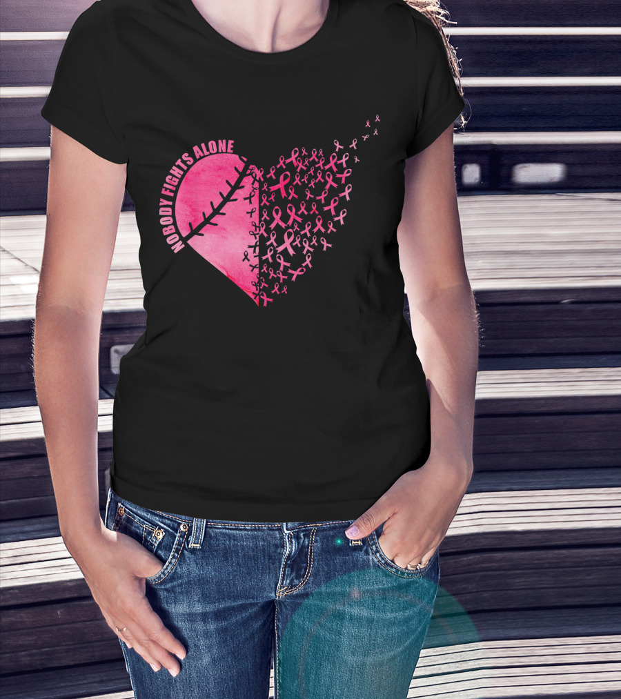 Nobody Fights Alone Heart Pink Ribbons Baseball Softball T-Shirt