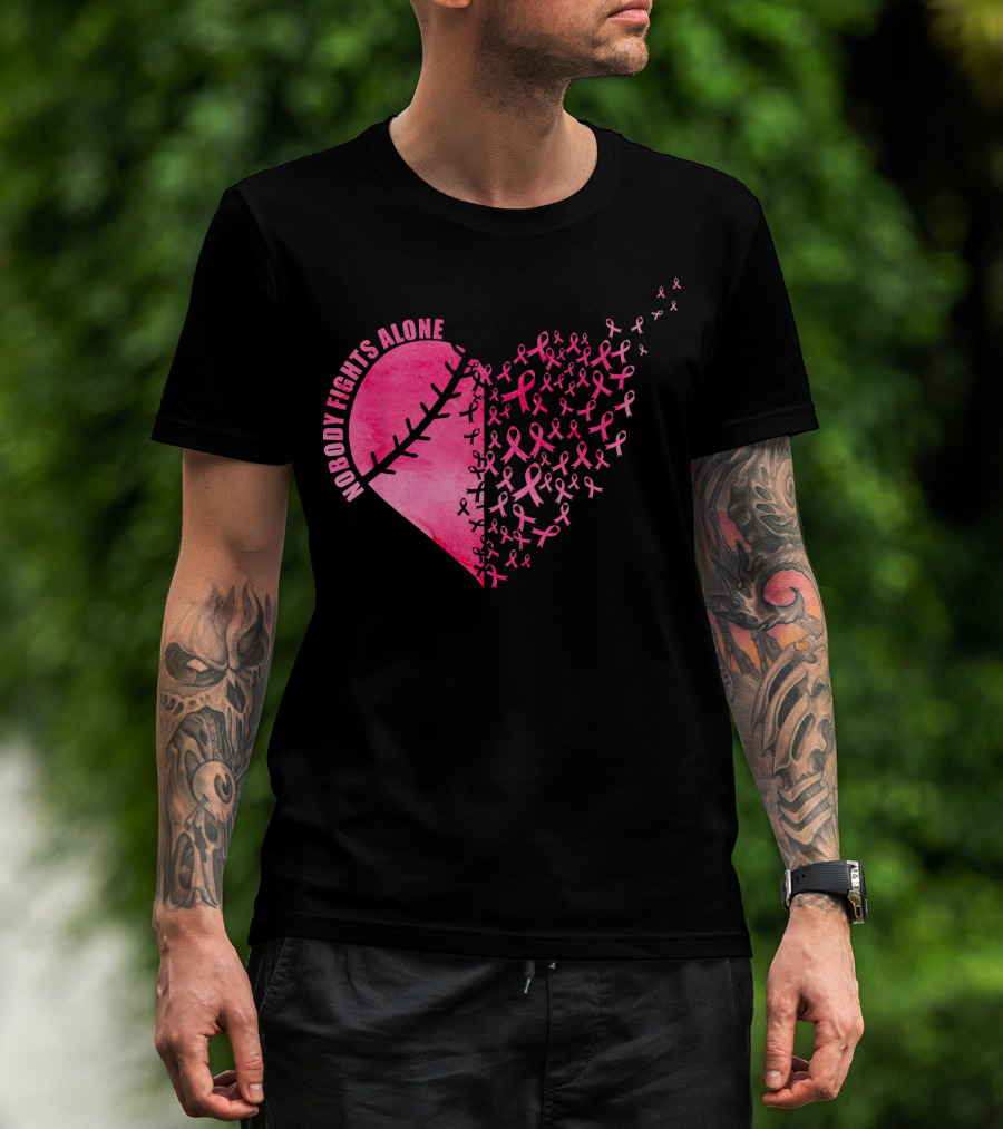 Nobody Fights Alone Heart Pink Ribbons Baseball Softball T-Shirt