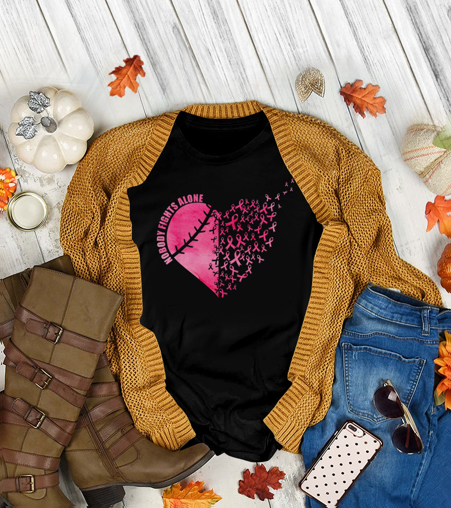 Nobody Fights Alone Heart Pink Ribbons Baseball Softball T-Shirt
