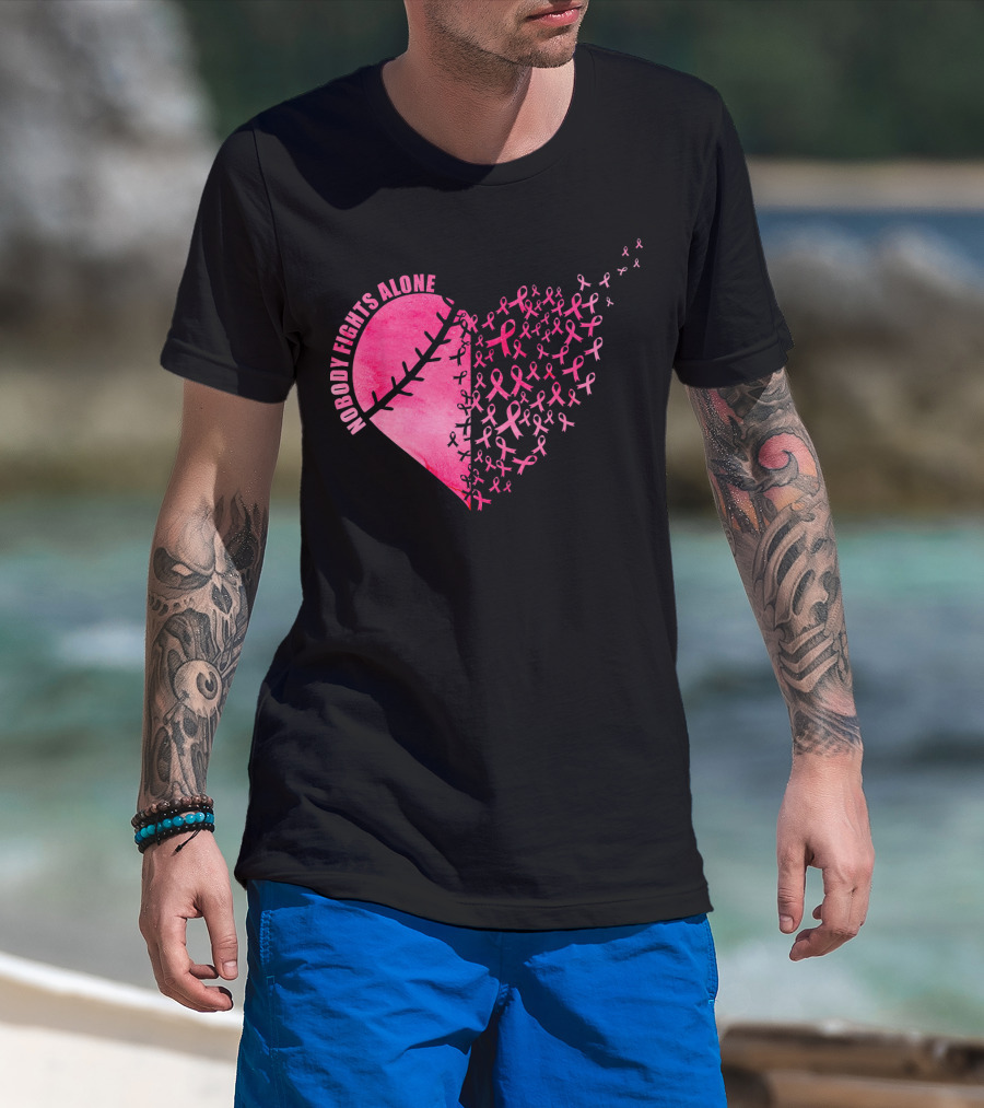 Nobody Fights Alone Heart Pink Ribbons Baseball Softball T-Shirt
