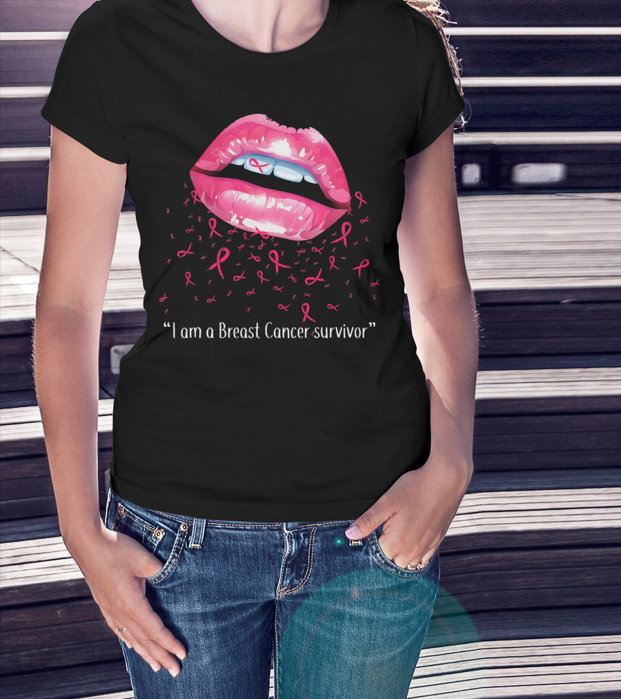 I Am A Breast Cancer Survivor Pink Ribbon Lips T-Shirt