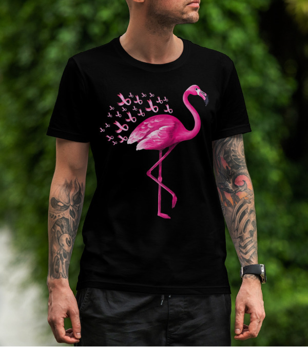 Pink Flamingo With Breast Cancer Awareness Ribbons T-Shirt