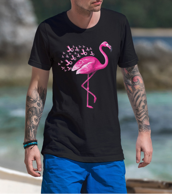 Pink Flamingo With Breast Cancer Awareness Ribbons T-Shirt