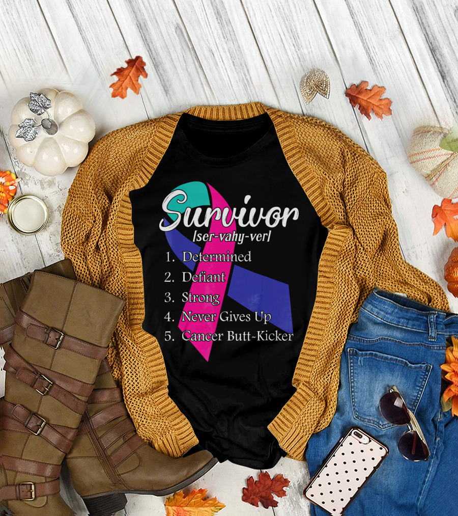 Survivor Defined: Determined, Defiant, Strong, Never Gives Up, Cancer Butt-Kicker T-Shirt