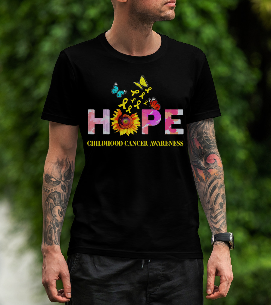 HOPE Childhood Cancer Awareness Yellow Ribbon Butterflies Sunflower T-Shirt