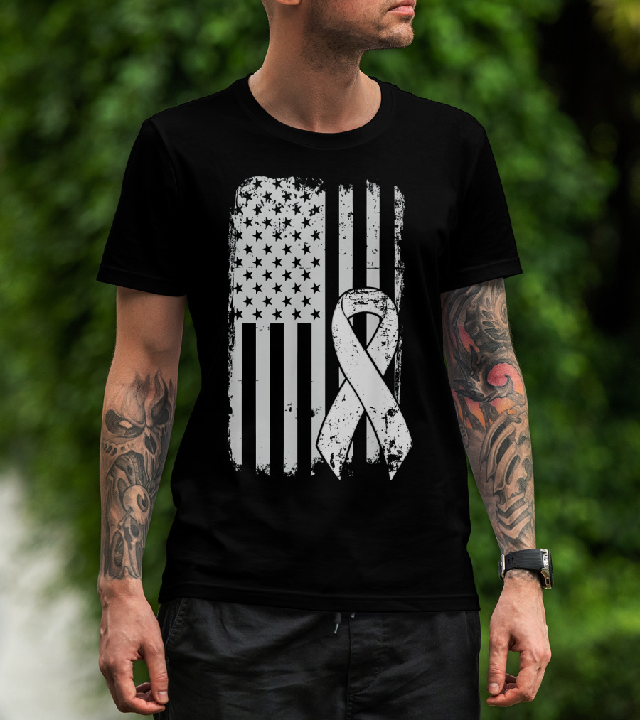 Mens Lung Cancer Awareness Distressed American Flag T-Shirt