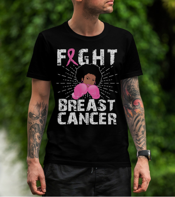 FIGHT Breast Cancer Pink Ribbon Afro Woman Boxing Gloves T-Shirt