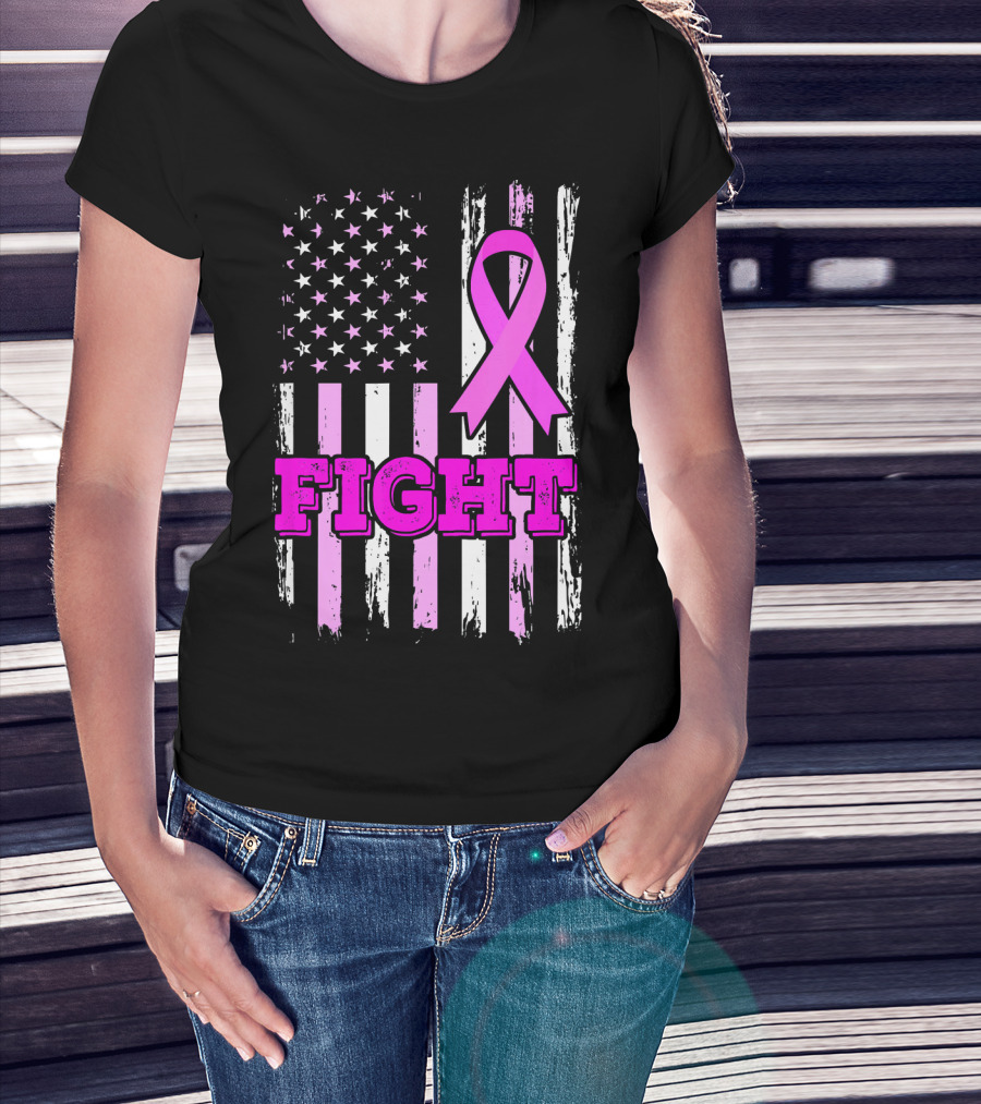 Fight Pink Ribbon American Flag Breast Cancer Awareness T-Shirt