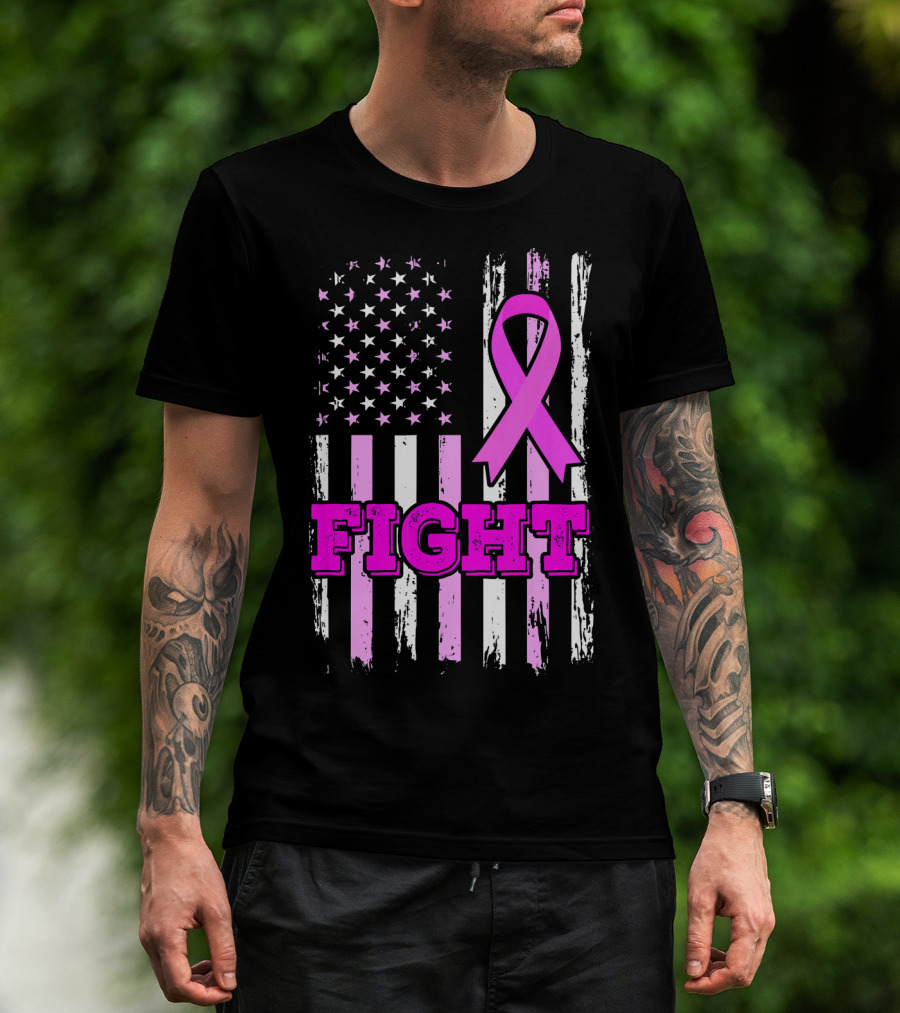 Fight Pink Ribbon American Flag Breast Cancer Awareness T-Shirt