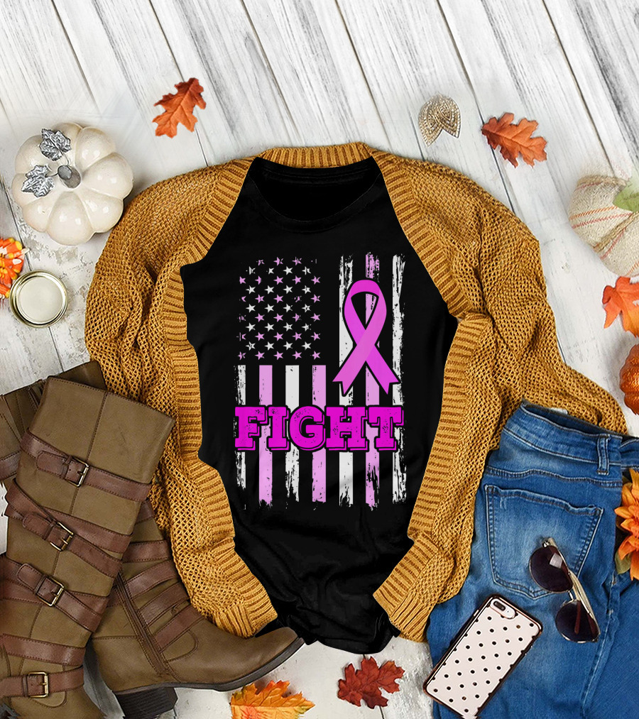 Fight Pink Ribbon American Flag Breast Cancer Awareness T-Shirt