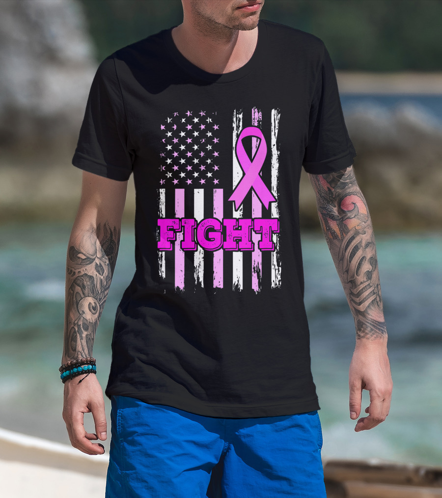 Fight Pink Ribbon American Flag Breast Cancer Awareness T-Shirt