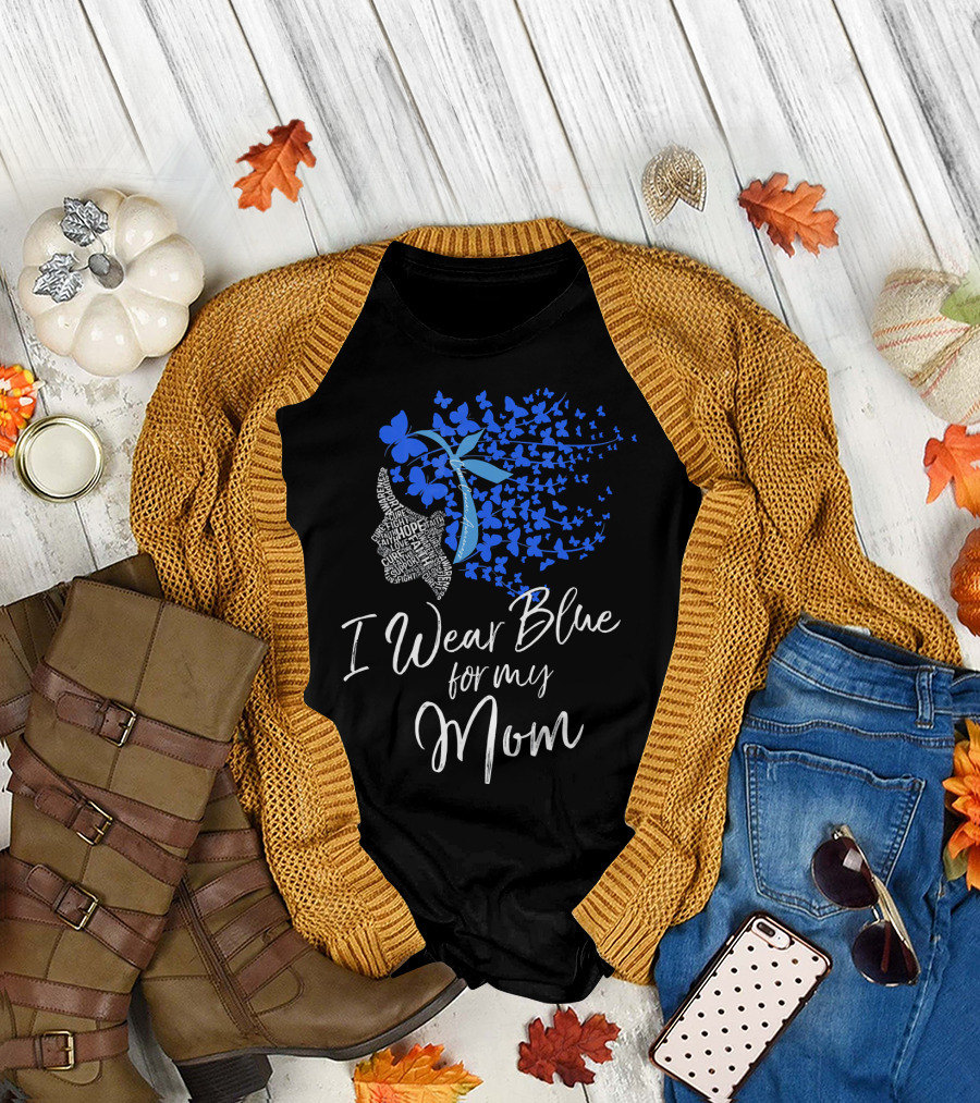 I Wear Blue for My Mom Colon Cancer Awareness Butterfly Ribbon T-Shirt