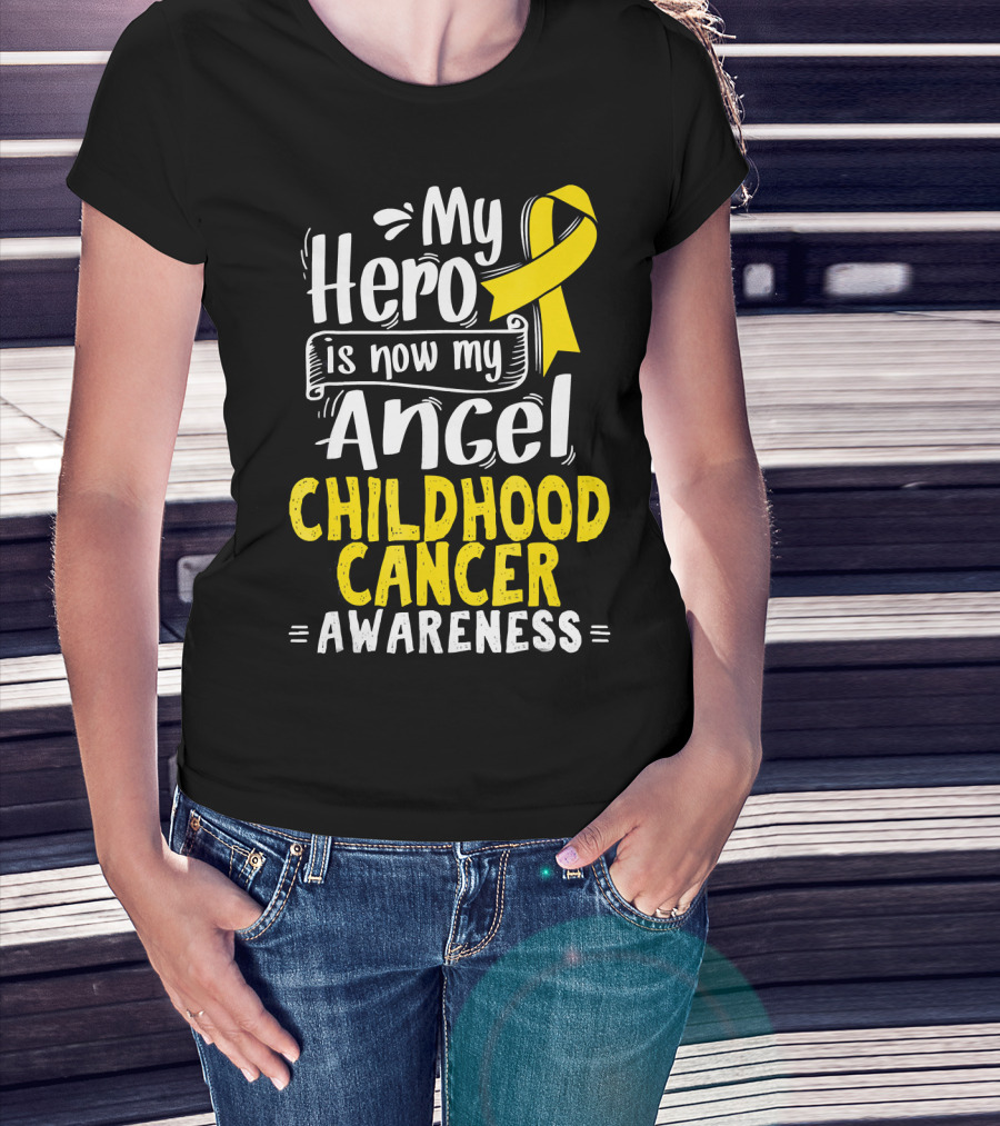 Gold Awareness Ribbon My Hero Is Now My Angel Childhood Cancer Awareness T-Shirt