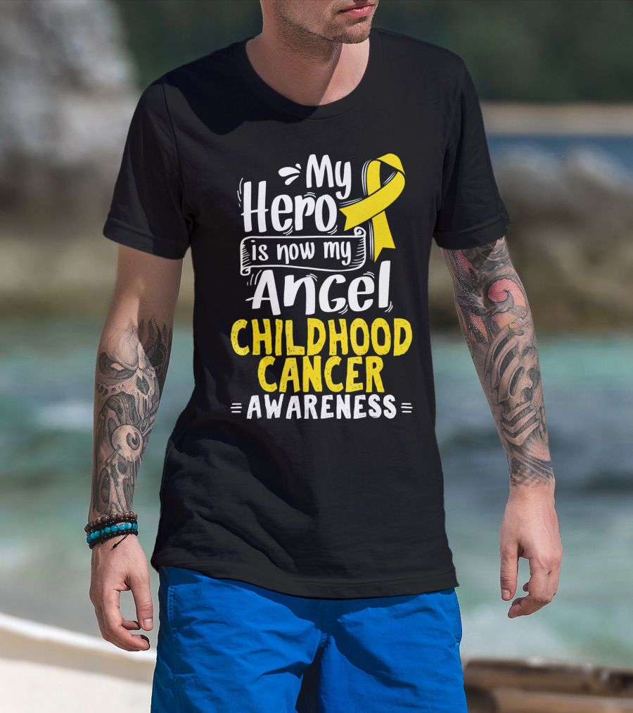 Gold Awareness Ribbon My Hero Is Now My Angel Childhood Cancer Awareness T-Shirt