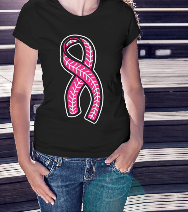 Pink Ribbon Baseball Stitching Breast Cancer Awareness T-Shirt