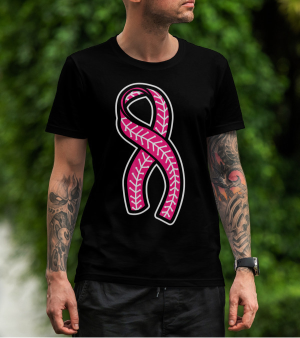 Pink Ribbon Baseball Stitching Breast Cancer Awareness T-Shirt