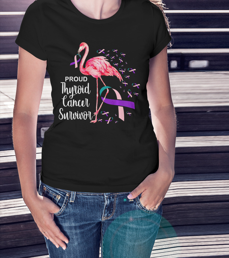 Proud Thyroid Cancer Survivor Flamingo Pink And Purple Ribbons T-Shirt