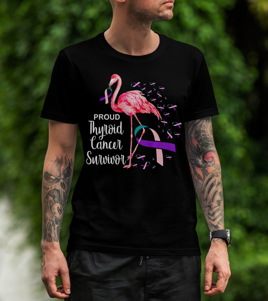 Proud Thyroid Cancer Survivor Flamingo Pink And Purple Ribbons T-Shirt