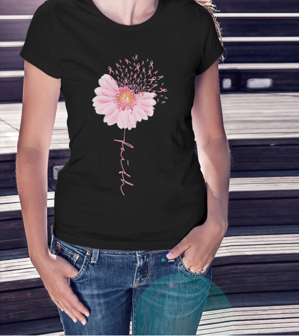 Faith Daisy Flower Pink Ribbon Breast Cancer T-Shirt