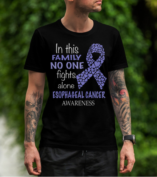 In This Family No One Fights Alone Esophageal Cancer Awareness Ribbon Hearts T-Shirt