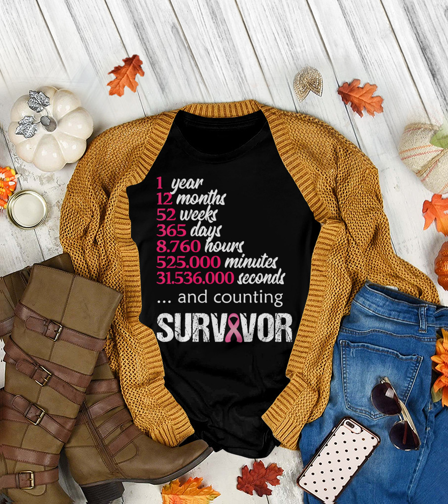 1 Year Survivor Breast Cancer and Counting Pink T-Shirt