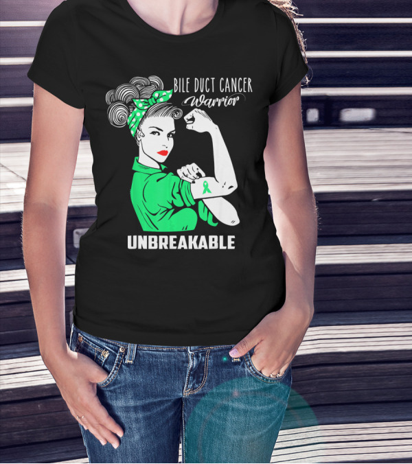 Bile Duct Cancer Warrior Unbreakable Rosie The Riveter Style With Awareness T-Shirt