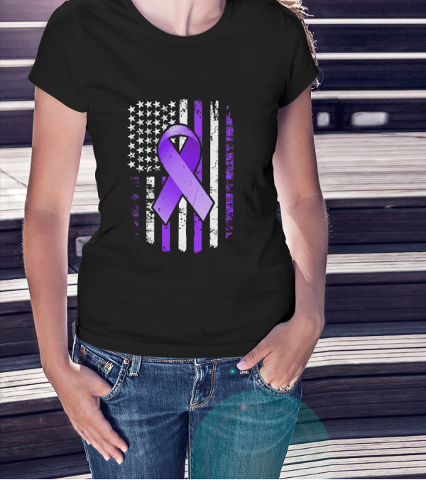 American Flag Purple Ribbon Pancreatic Cancer Awareness T-Shirt