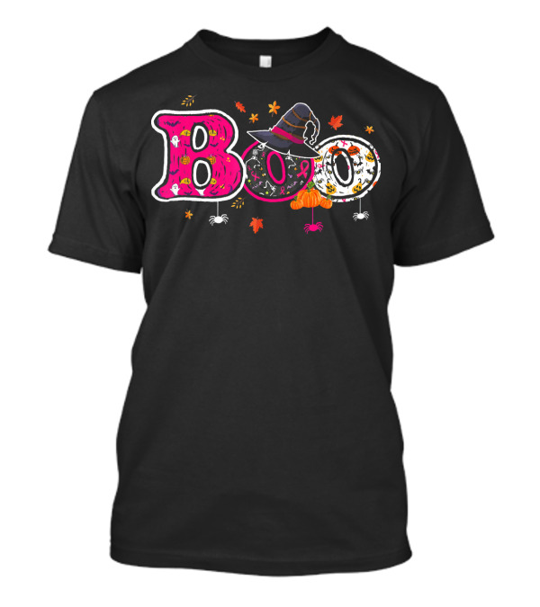 Boo Halloween Breast Cancer Awareness Witch Hat Ribbon Pumpkins Spiders Leaves T-Shirt