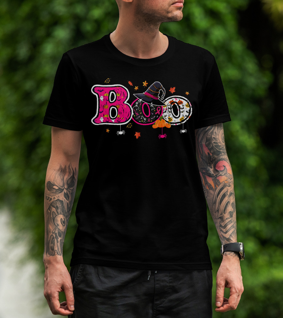 Boo Halloween Breast Cancer Awareness Witch Hat Ribbon Pumpkins Spiders Leaves T-Shirt