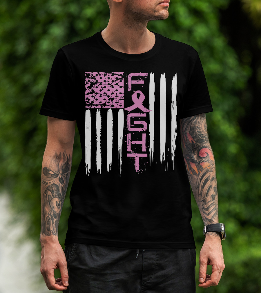 Fight Cancer Awareness Breast Pink Ribbon American Flag T-Shirt