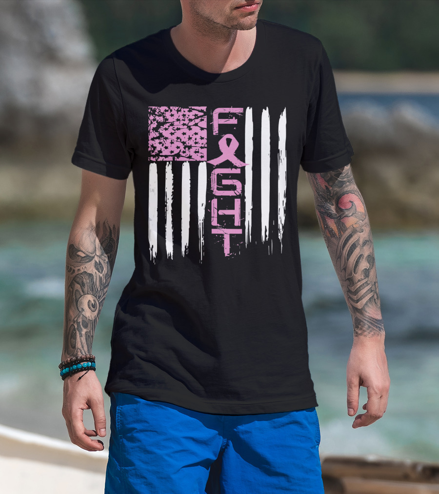 Fight Cancer Awareness Breast Pink Ribbon American Flag T-Shirt