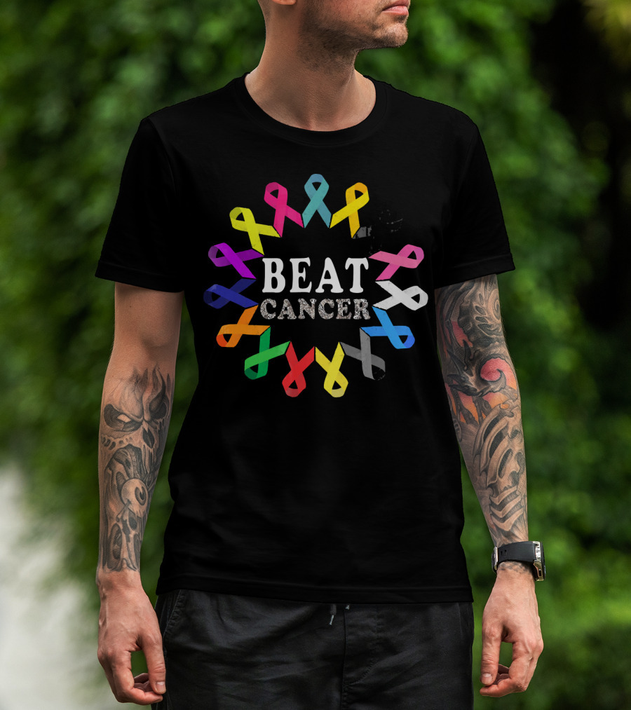 BEAT CANCER Multicolored Awareness Ribbons T-Shirt
