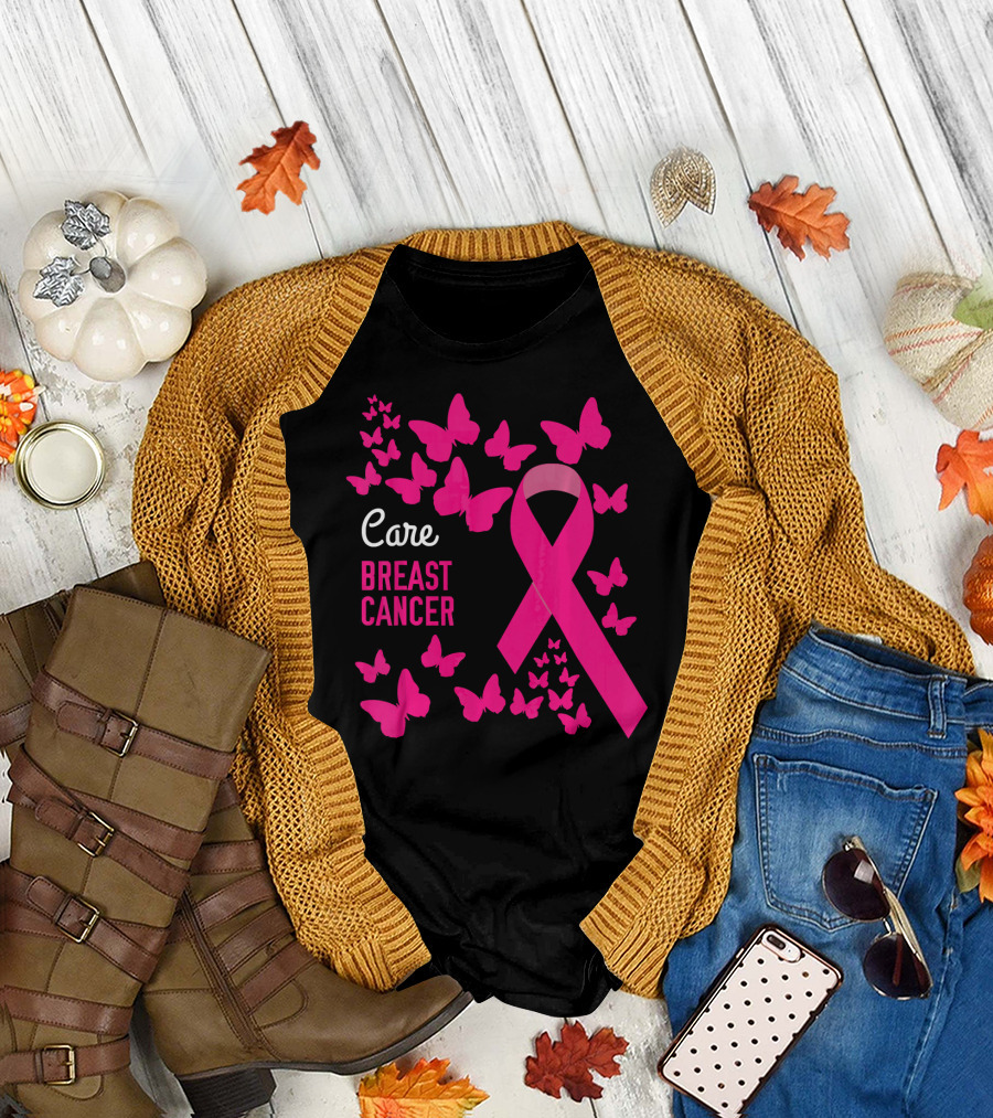 Care Breast Cancer Pink Ribbon Awareness with Butterfly Support T-Shirt