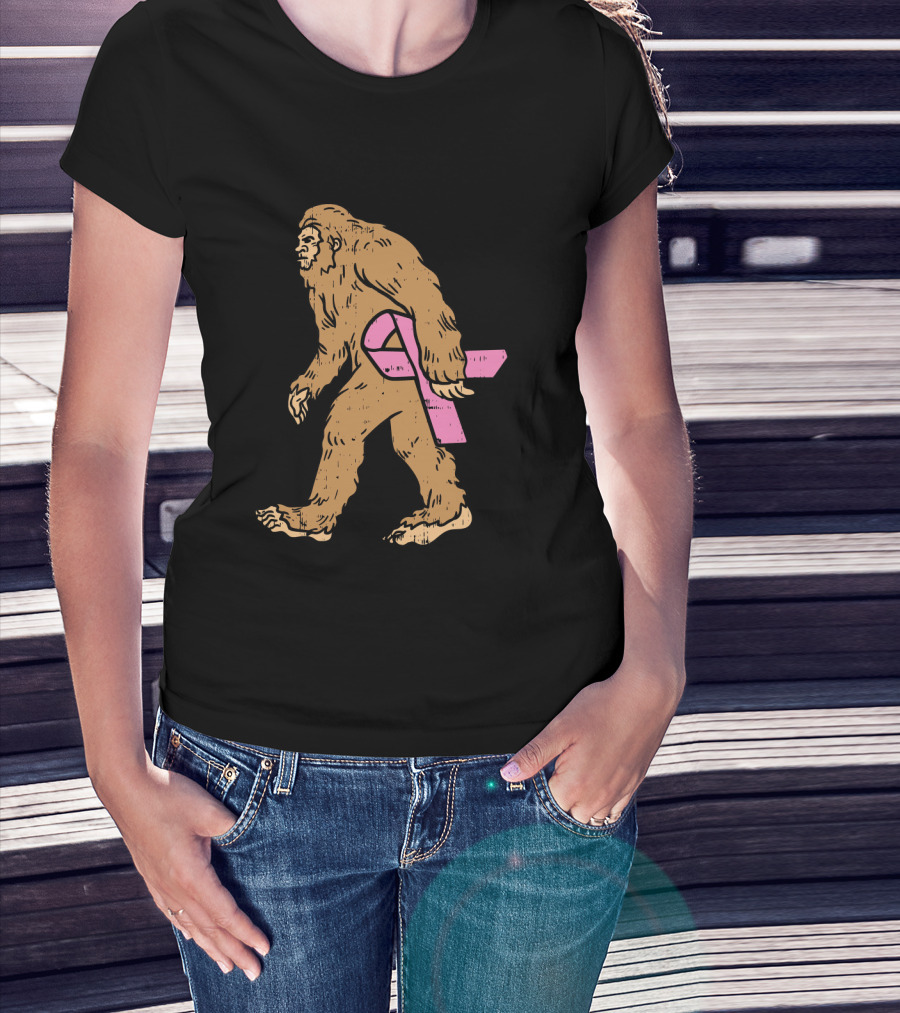 Bigfoot Sasquatch Funny Pink Ribbon Breast Cancer Awareness T-Shirt