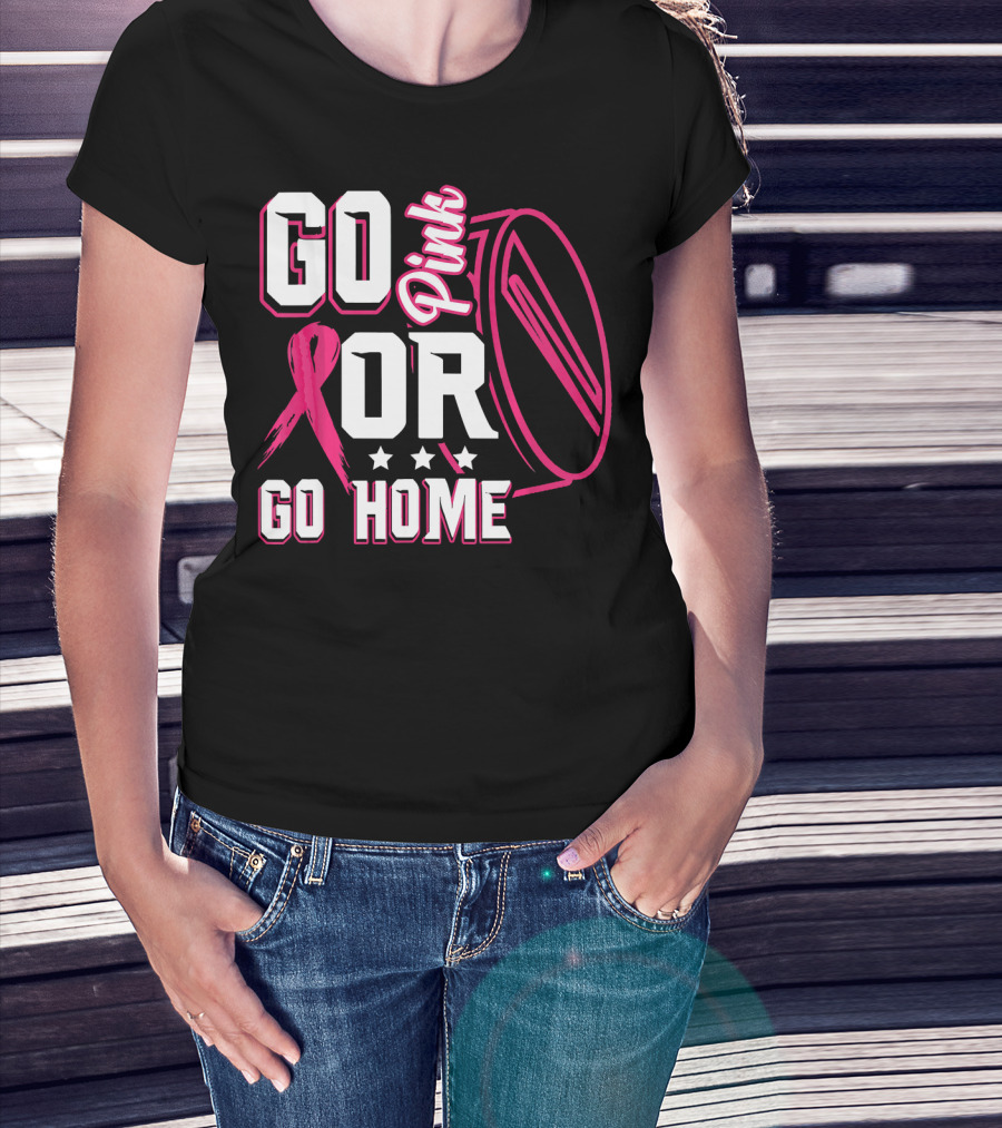 Go Pink Or Go Home Breast Cancer Hockey Awareness With Ribbon And Puck T-Shirt