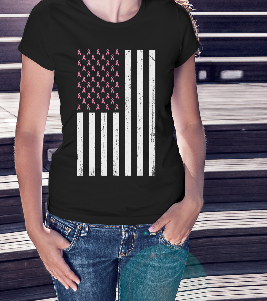 American Flag Pink Ribbons Breast Cancer Awareness T-Shirt