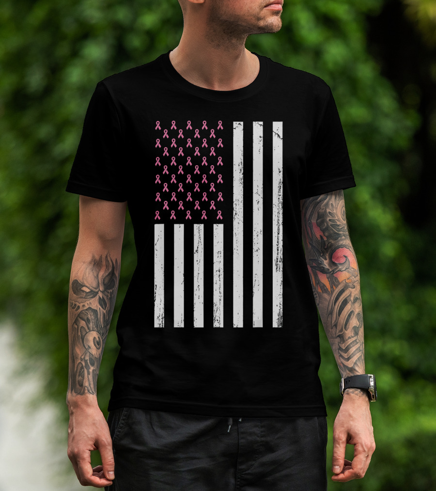 American Flag Pink Ribbons Breast Cancer Awareness T-Shirt