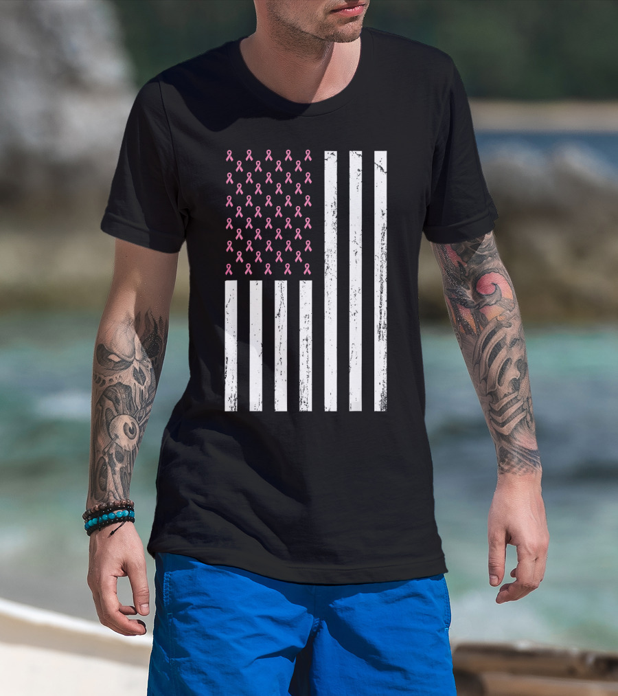 American Flag Pink Ribbons Breast Cancer Awareness T-Shirt